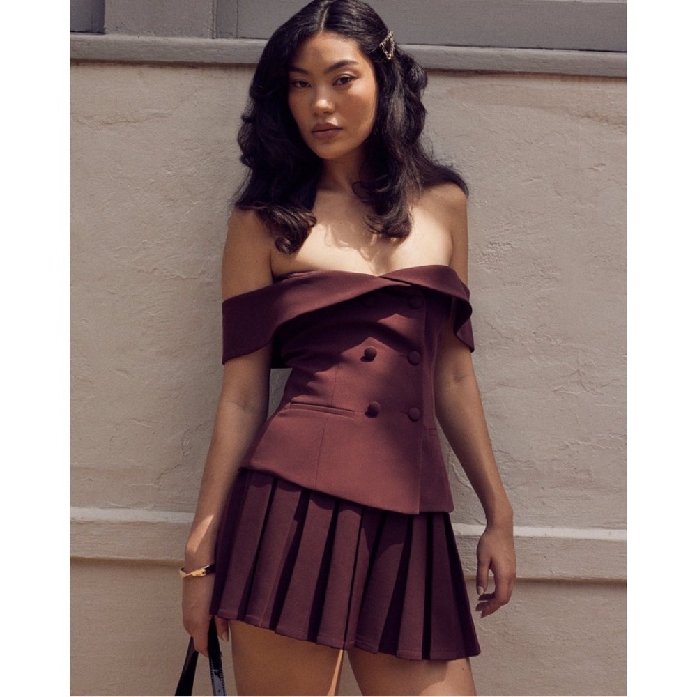 MESHKI Krista Strapless Suiting Top Plum Off Shoulder Double Breasted Size XS
